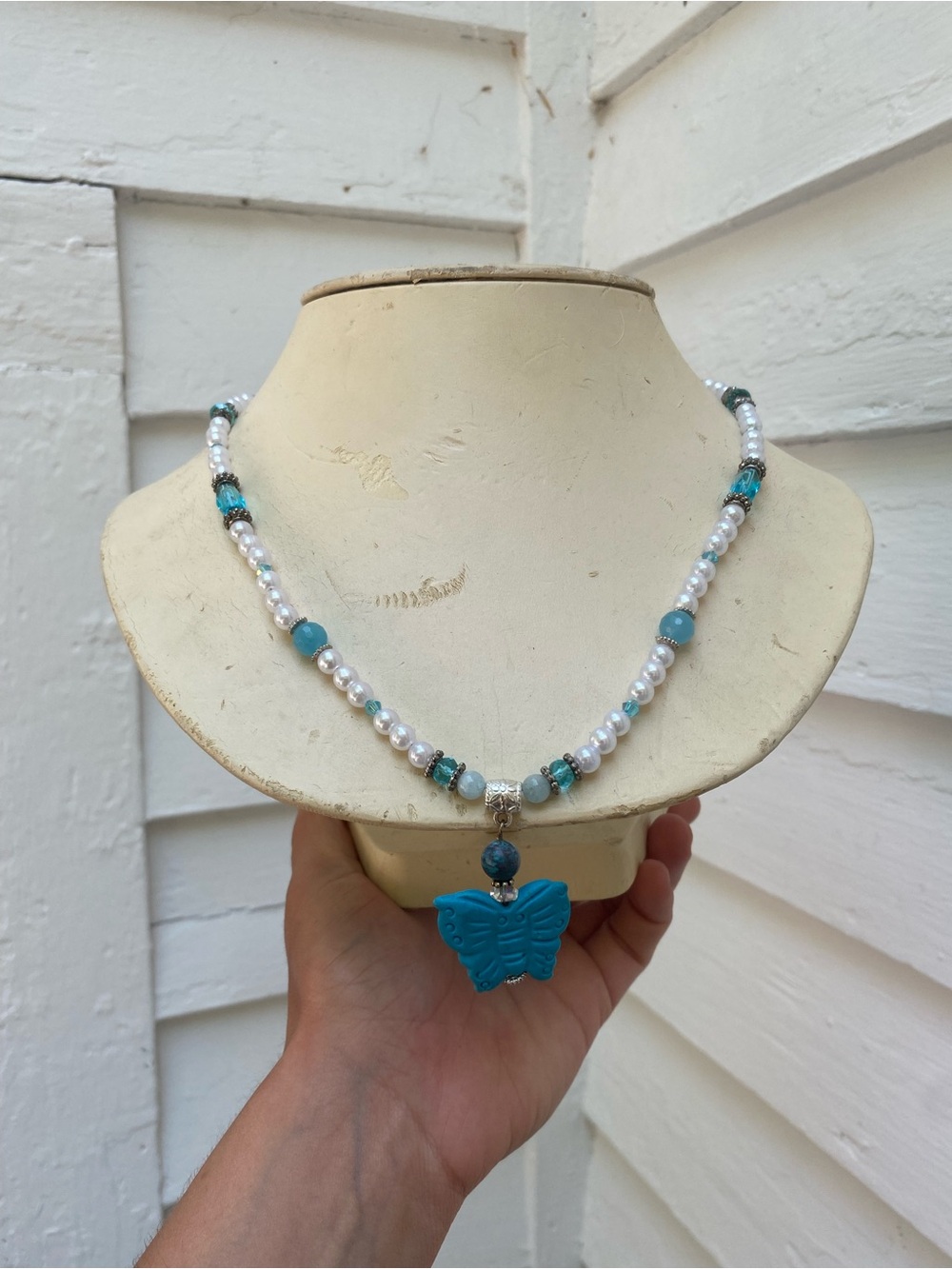Handcrafted Artisan Turquoise Butterfly Pendant Necklace Mixed Media - Picture 5 of 14